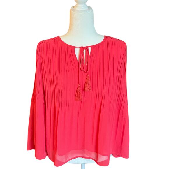 Miss Me Red Pleated Tassel Tie Blouse Size M Boho Festival Top Flowy Sheer - Picture 3 of 11